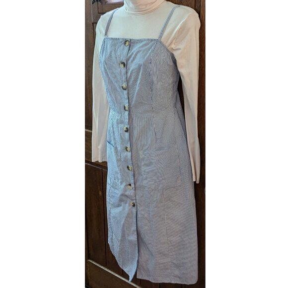 ASOS Blue Striped Button Up Spaghetti Strap Dress w/ Pockets (Women's Size 6 US) - Picture 3 of 7